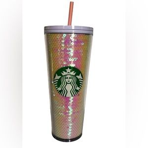 NWT Starbucks Pink & White Sequin Glitter Cold Cup Tumbler Holiday 2020 - 24oz